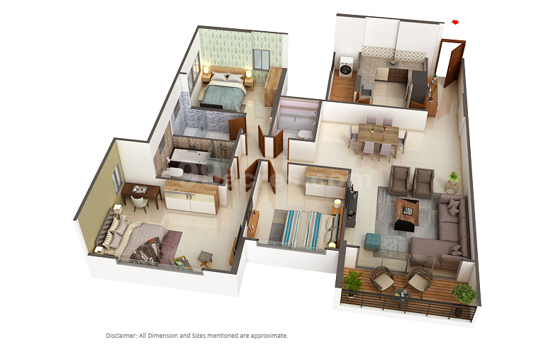 3 BHK Flat in Godrej Serenity floor plan 1,453 sq.ft. (134.99 sq.m.)